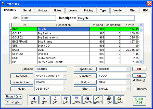 Rocket POS Inventory Screen